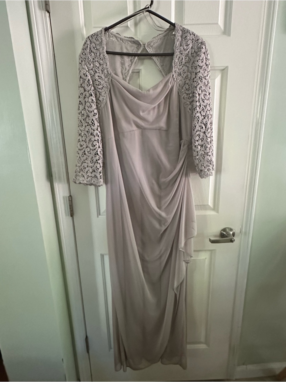 Alex Evenings Draped Lace-Sleeve Evening Gown in Light Gray - glitter - MARK